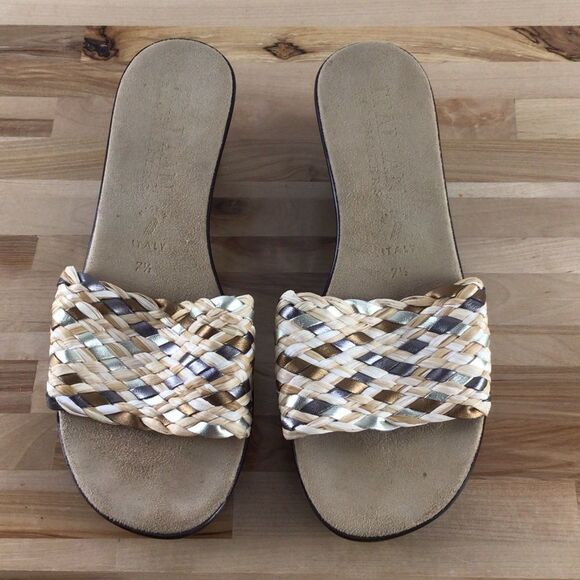 ITALIAN shoemakers slip on round peep mules clogs 7.5 gold silver braided strap - Picture 3 of 8